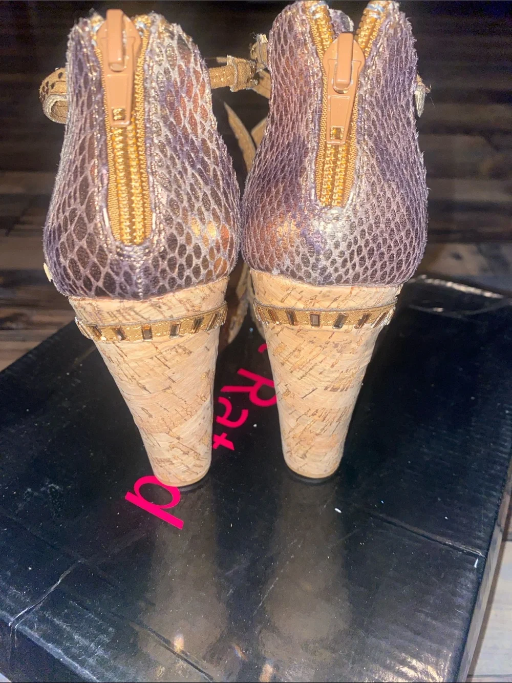 Not Rated Metallic Gold and Taupe Snake-Print Wedge Sandals